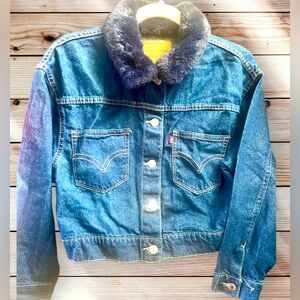 Levi Jacket Button Up Blue Denim Collar Blue Faux Fur Kids L~NWT